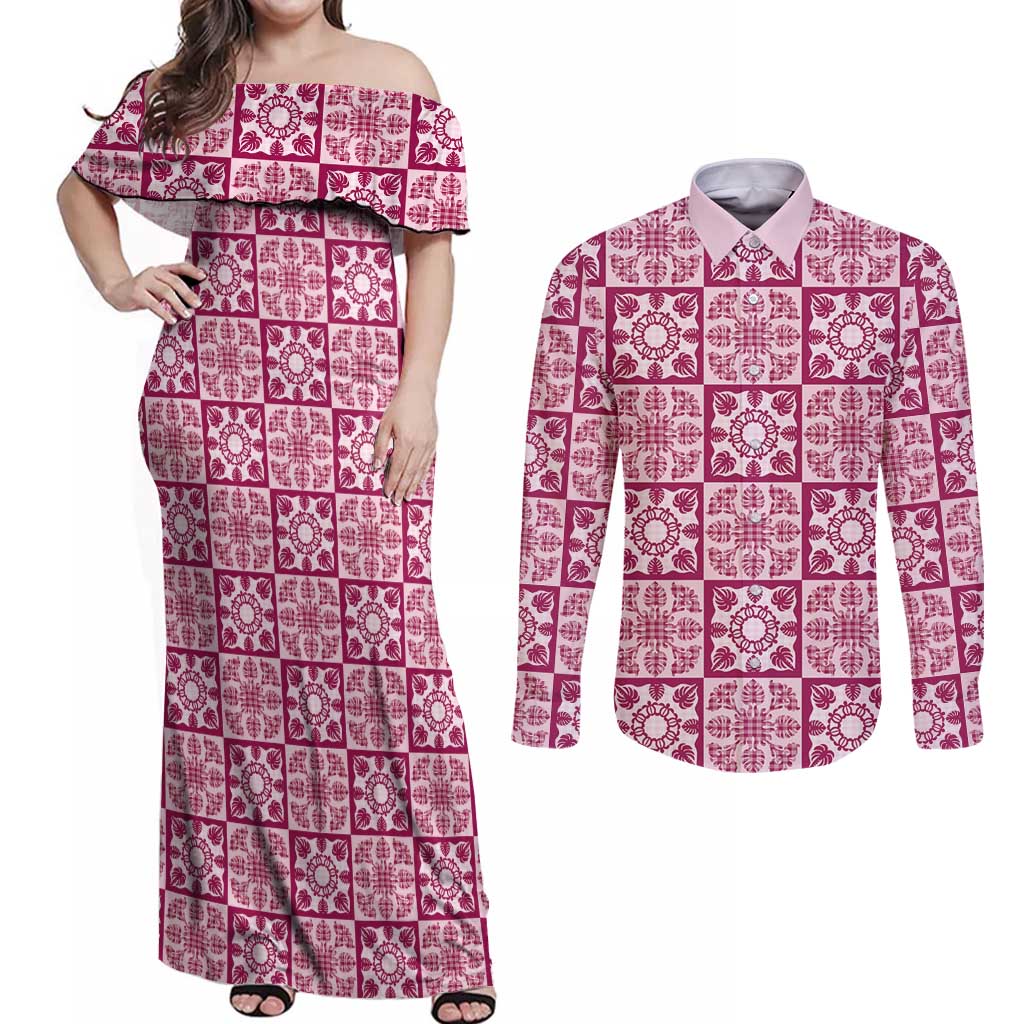 Akala Palaka Quilt Hawaii Couples Matching Off Shoulder Maxi Dress and Long Sleeve Button Shirt Hawaiian Tropical Monstera Sea Turtle LT14 Pink - Polynesian Pride