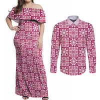 Akala Palaka Quilt Hawaii Couples Matching Off Shoulder Maxi Dress and Long Sleeve Button Shirt Hawaiian Tropical Monstera Sea Turtle LT14 Pink - Polynesian Pride