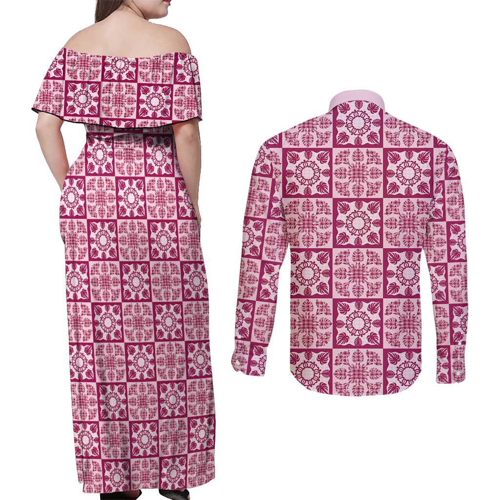 Akala Palaka Quilt Hawaii Couples Matching Off Shoulder Maxi Dress and Long Sleeve Button Shirt Hawaiian Tropical Monstera Sea Turtle LT14 - Polynesian Pride