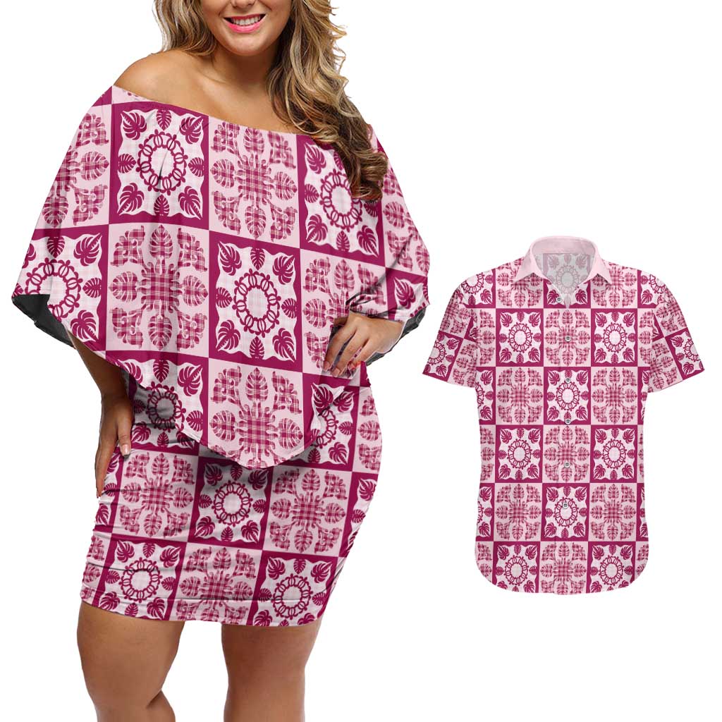 Akala Palaka Quilt Hawaii Couples Matching Off Shoulder Short Dress and Hawaiian Shirt Hawaiian Tropical Monstera Sea Turtle LT14 Pink - Polynesian Pride