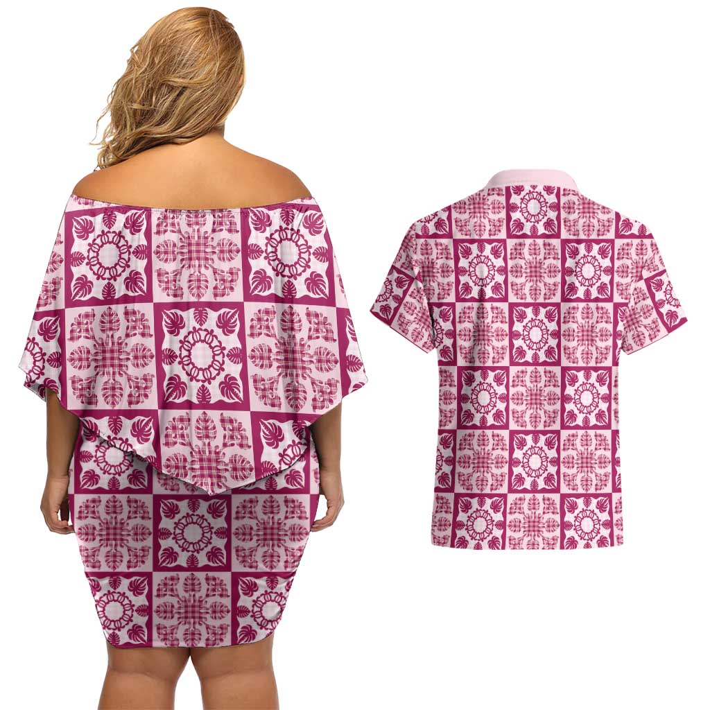 Akala Palaka Quilt Hawaii Couples Matching Off Shoulder Short Dress and Hawaiian Shirt Hawaiian Tropical Monstera Sea Turtle LT14 - Polynesian Pride