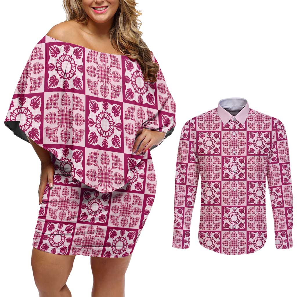 Akala Palaka Quilt Hawaii Couples Matching Off Shoulder Short Dress and Long Sleeve Button Shirt Hawaiian Tropical Monstera Sea Turtle LT14 Pink - Polynesian Pride