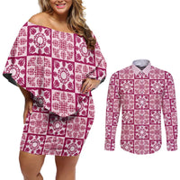 Akala Palaka Quilt Hawaii Couples Matching Off Shoulder Short Dress and Long Sleeve Button Shirt Hawaiian Tropical Monstera Sea Turtle LT14 Pink - Polynesian Pride