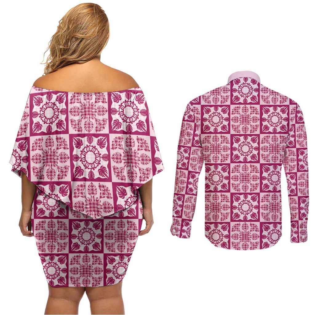 Akala Palaka Quilt Hawaii Couples Matching Off Shoulder Short Dress and Long Sleeve Button Shirt Hawaiian Tropical Monstera Sea Turtle LT14 - Polynesian Pride