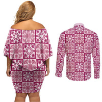 Akala Palaka Quilt Hawaii Couples Matching Off Shoulder Short Dress and Long Sleeve Button Shirt Hawaiian Tropical Monstera Sea Turtle LT14 - Polynesian Pride