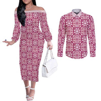 Akala Palaka Quilt Hawaii Couples Matching Off The Shoulder Long Sleeve Dress and Long Sleeve Button Shirt Hawaiian Tropical Monstera Sea Turtle LT14 Pink - Polynesian Pride
