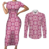 Akala Palaka Quilt Hawaii Couples Matching Short Sleeve Bodycon Dress and Long Sleeve Button Shirt Hawaiian Tropical Monstera Sea Turtle LT14 Pink - Polynesian Pride