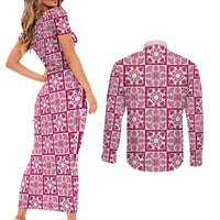 Akala Palaka Quilt Hawaii Couples Matching Short Sleeve Bodycon Dress and Long Sleeve Button Shirt Hawaiian Tropical Monstera Sea Turtle LT14 - Polynesian Pride