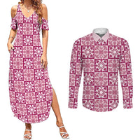 Akala Palaka Quilt Hawaii Couples Matching Summer Maxi Dress and Long Sleeve Button Shirt Hawaiian Tropical Monstera Sea Turtle LT14 Pink - Polynesian Pride