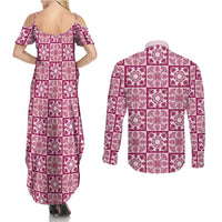Akala Palaka Quilt Hawaii Couples Matching Summer Maxi Dress and Long Sleeve Button Shirt Hawaiian Tropical Monstera Sea Turtle LT14 - Polynesian Pride