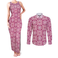 Akala Palaka Quilt Hawaii Couples Matching Tank Maxi Dress and Long Sleeve Button Shirt Hawaiian Tropical Monstera Sea Turtle LT14 Pink - Polynesian Pride