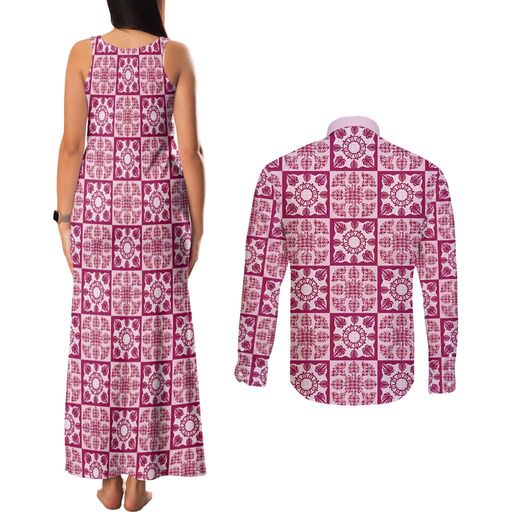 Akala Palaka Quilt Hawaii Couples Matching Tank Maxi Dress and Long Sleeve Button Shirt Hawaiian Tropical Monstera Sea Turtle LT14 - Polynesian Pride