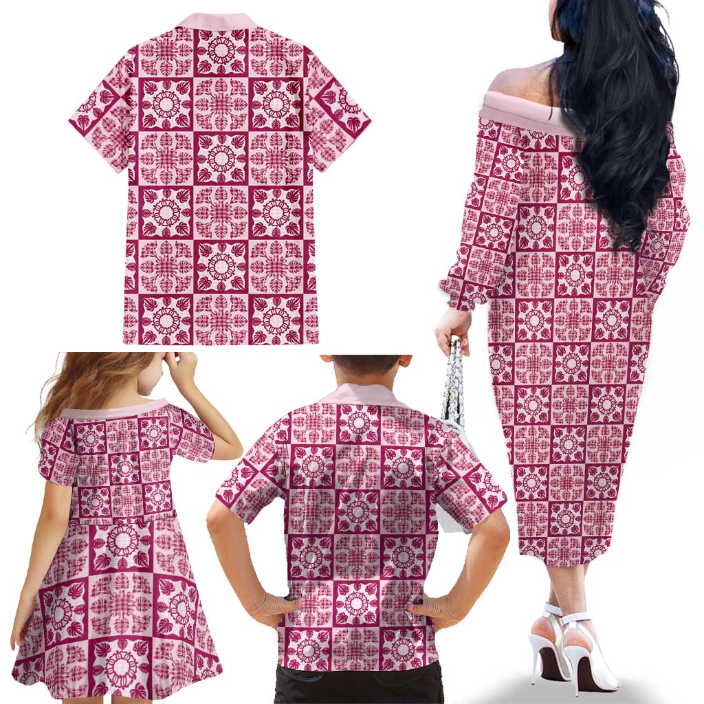 Akala Palaka Quilt Hawaii Family Matching Off The Shoulder Long Sleeve Dress and Hawaiian Shirt Hawaiian Tropical Monstera Sea Turtle LT14 - Polynesian Pride