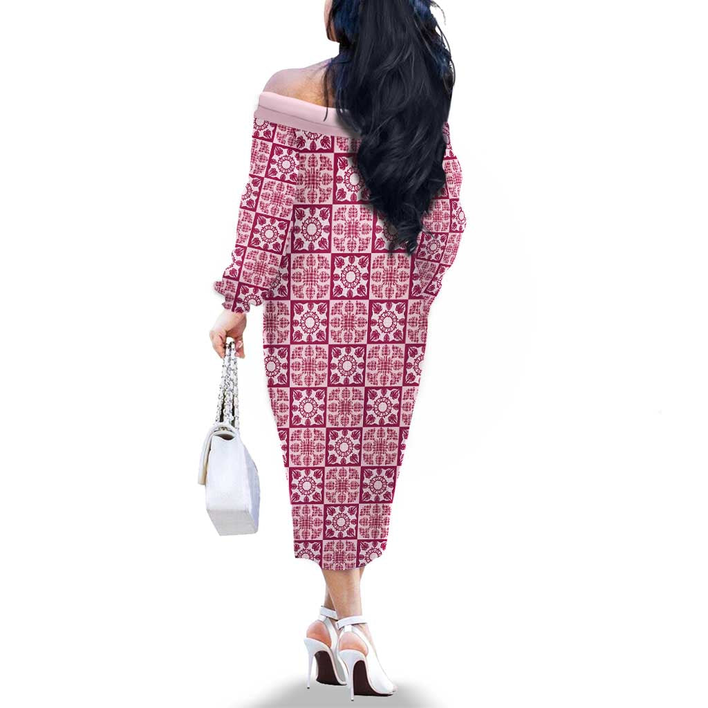 Akala Palaka Quilt Hawaii Family Matching Off The Shoulder Long Sleeve Dress and Hawaiian Shirt Hawaiian Tropical Monstera Sea Turtle LT14 - Polynesian Pride