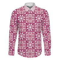 Akala Palaka Quilt Hawaii Family Matching Off Shoulder Maxi Dress and Hawaiian Shirt Hawaiian Tropical Monstera Sea Turtle LT14 Dad's Shirt - Long Sleeve Pink - Polynesian Pride