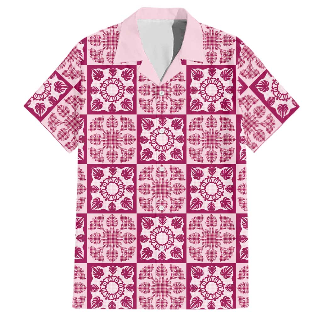 Akala Palaka Quilt Hawaii Family Matching Off Shoulder Short Dress and Hawaiian Shirt Hawaiian Tropical Monstera Sea Turtle LT14 Dad's Shirt - Short Sleeve Pink - Polynesian Pride