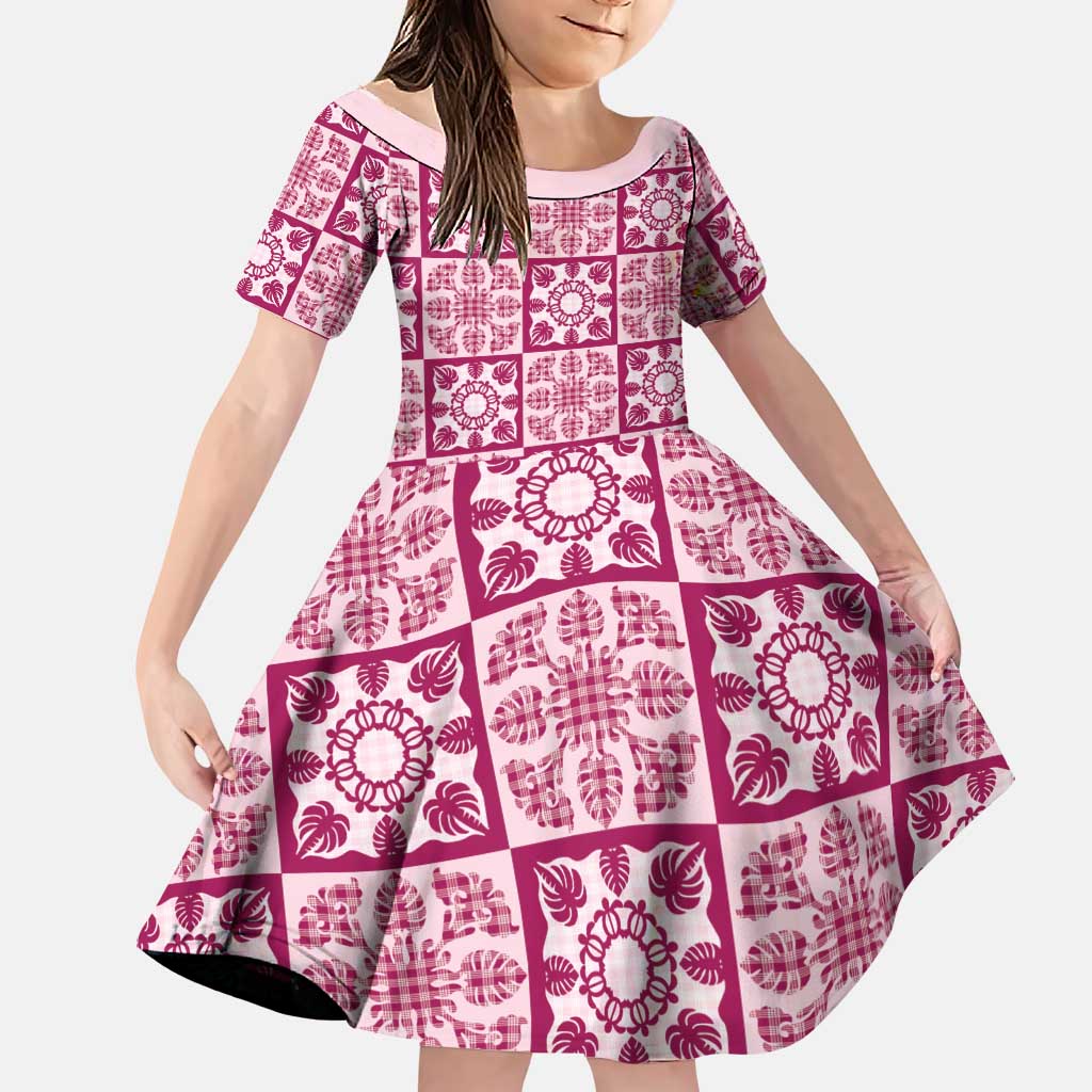 Akala Palaka Quilt Hawaii Family Matching Puletasi and Hawaiian Shirt Hawaiian Tropical Monstera Sea Turtle LT14 Daughter's Dress Pink - Polynesian Pride