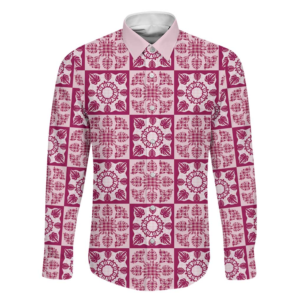 Akala Palaka Quilt Hawaii Family Matching Summer Maxi Dress and Hawaiian Shirt Hawaiian Tropical Monstera Sea Turtle LT14 Dad's Shirt - Long Sleeve Pink - Polynesian Pride