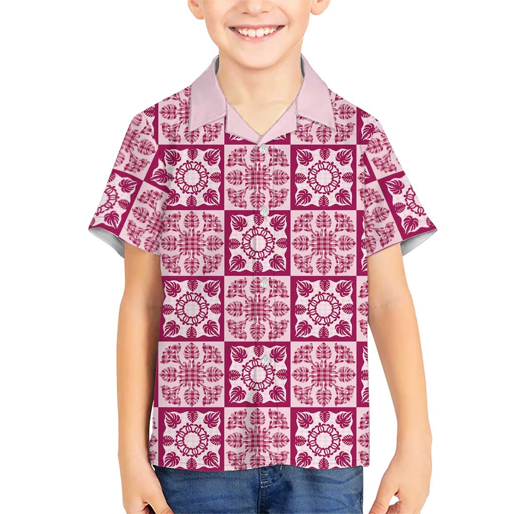 Akala Palaka Quilt Hawaii Family Matching Tank Maxi Dress and Hawaiian Shirt Hawaiian Tropical Monstera Sea Turtle LT14 Son's Shirt Pink - Polynesian Pride