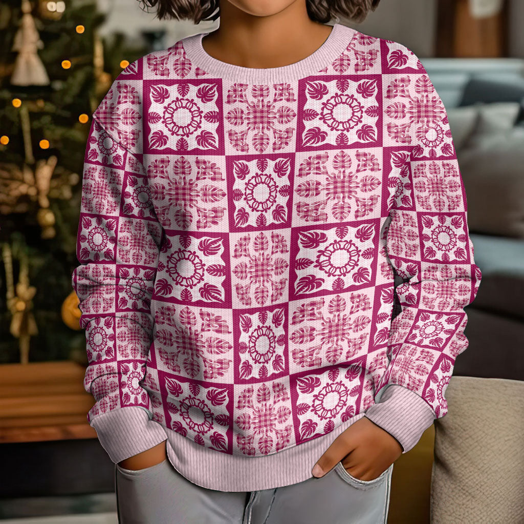 Akala Palaka Quilt Hawaii Kid Ugly Christmas Sweater Hawaiian Tropical Monstera Sea Turtle LT14 - Polynesian Pride