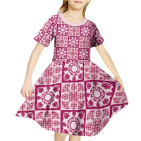 Akala Palaka Quilt Hawaii Kid Short Sleeve Dress Hawaiian Tropical Monstera Sea Turtle