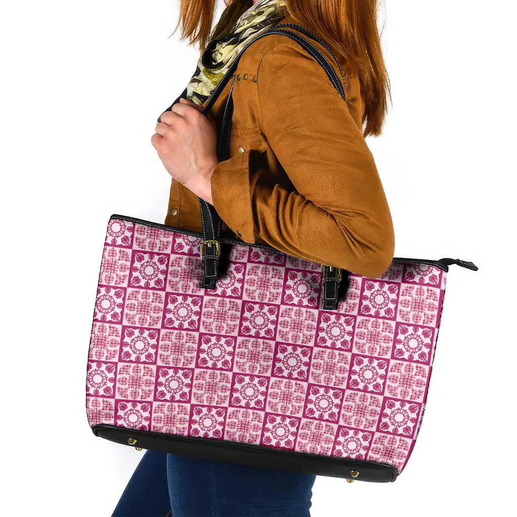 Akala Palaka Quilt Hawaii Leather Tote Bag Hawaiian Tropical Monstera Sea Turtle LT14 Pink - Polynesian Pride