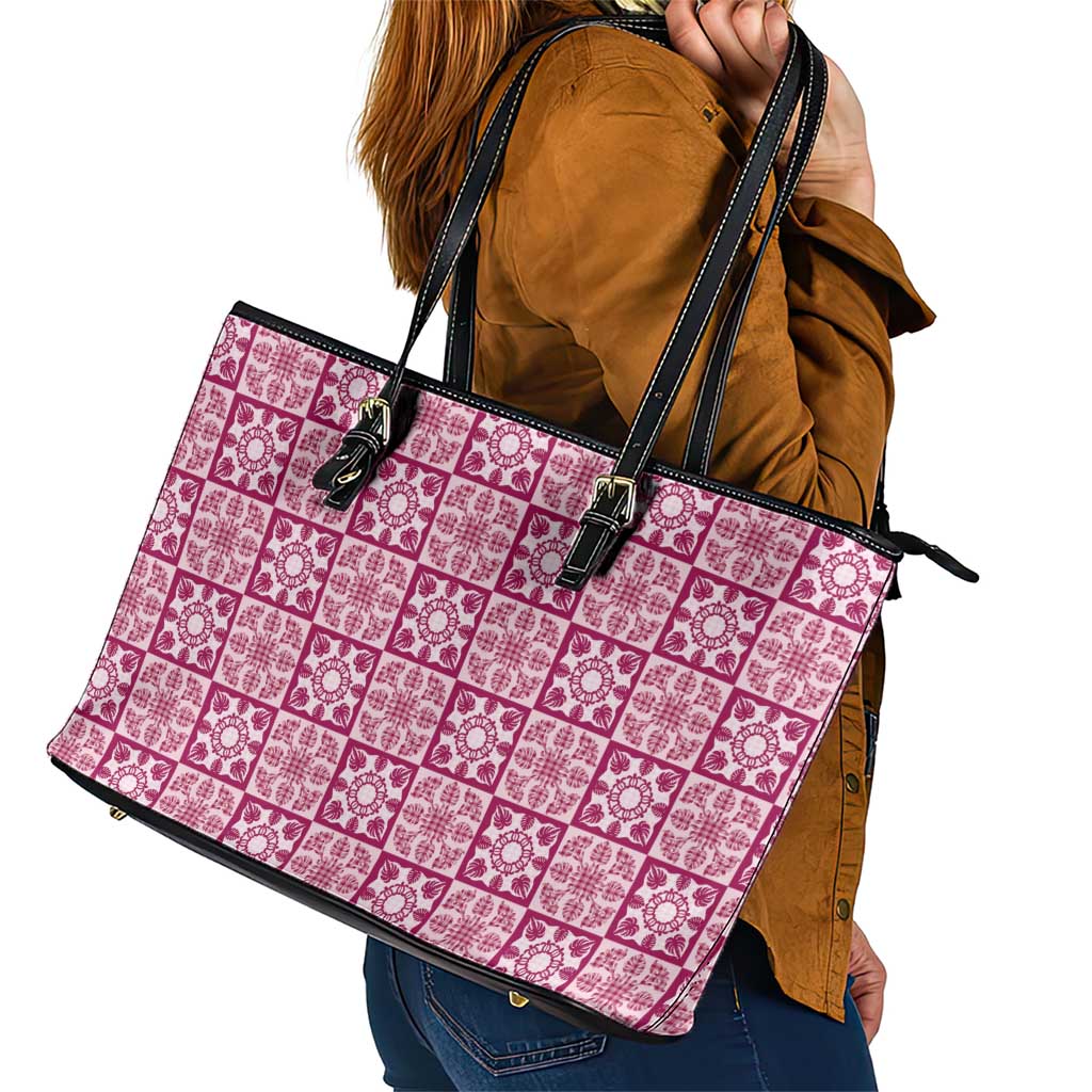 Akala Palaka Quilt Hawaii Leather Tote Bag Hawaiian Tropical Monstera Sea Turtle LT14 - Polynesian Pride