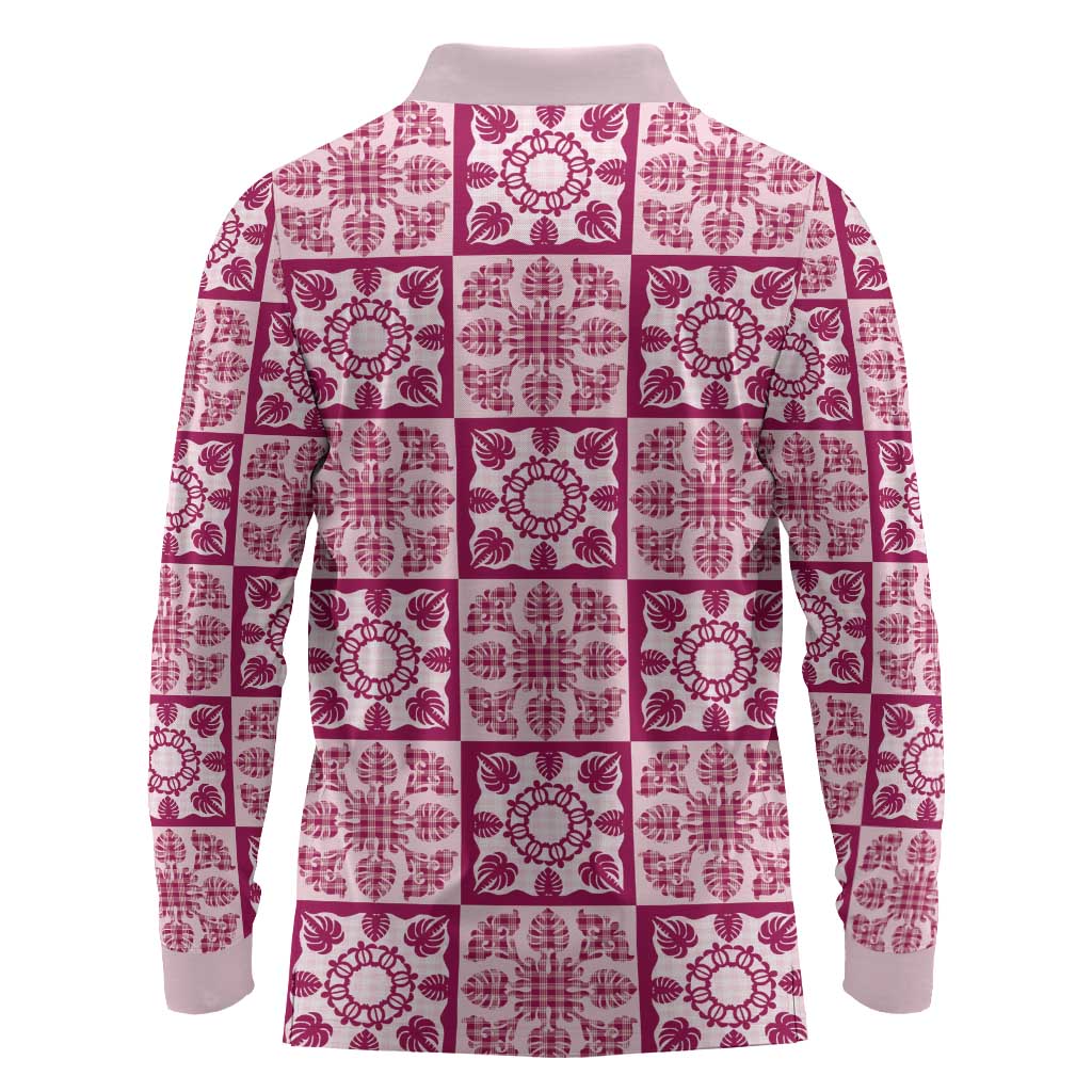 Akala Palaka Quilt Hawaii Long Sleeve Polo Shirt Hawaiian Tropical Monstera Sea Turtle