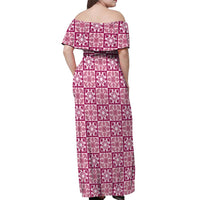Akala Palaka Quilt Hawaii Off Shoulder Maxi Dress Hawaiian Tropical Monstera Sea Turtle
