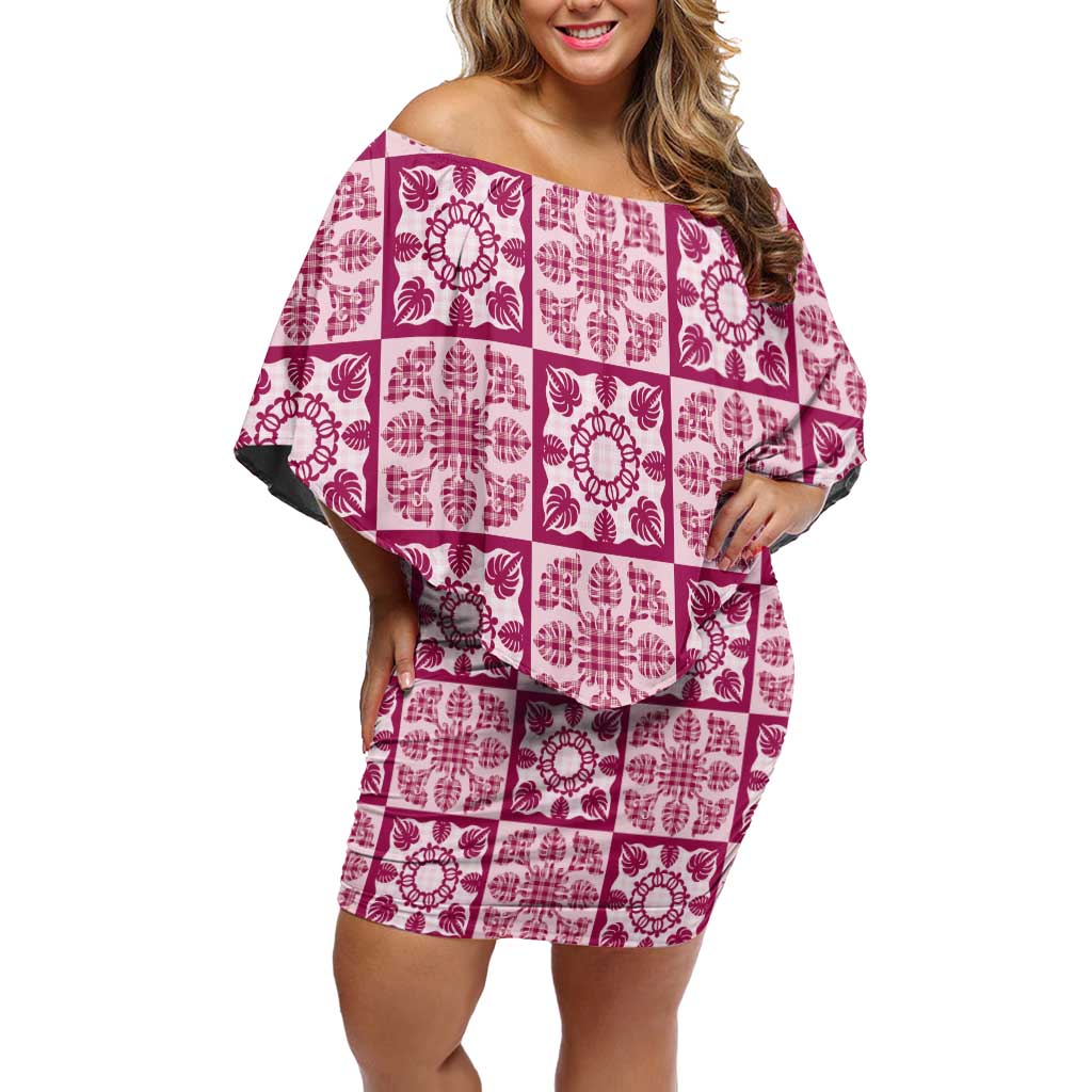 Akala Palaka Quilt Hawaii Off Shoulder Short Dress Hawaiian Tropical Monstera Sea Turtle