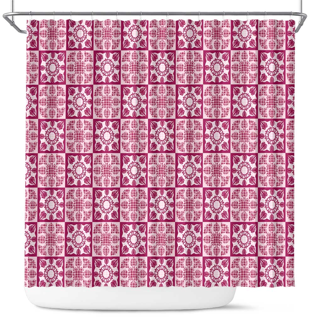 Akala Palaka Quilt Hawaii Shower Curtain Hawaiian Tropical Monstera Sea Turtle LT14 Pink - Polynesian Pride