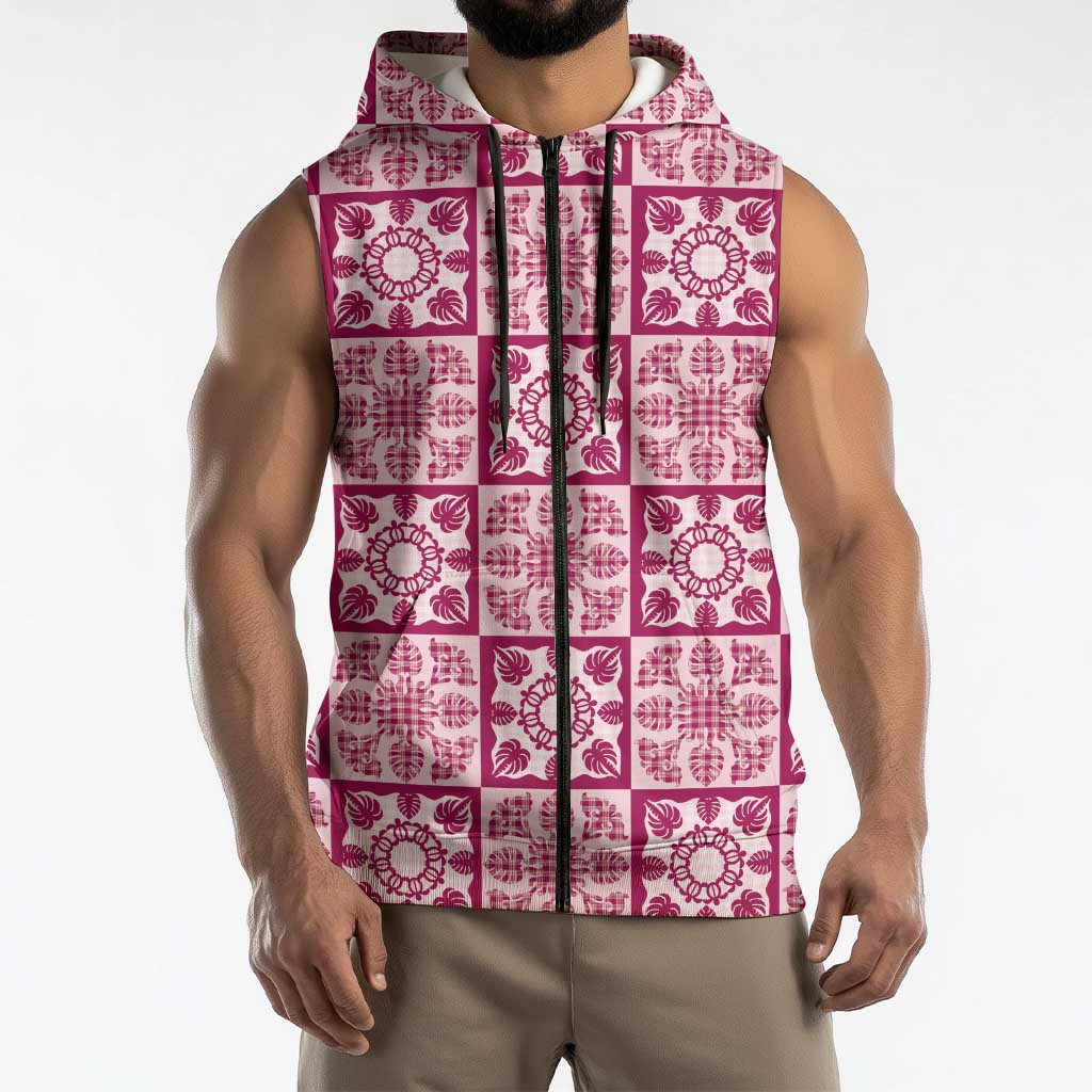 Akala Palaka Quilt Hawaii Sleeveless Zip Hoodie Hawaiian Tropical Monstera Sea Turtle