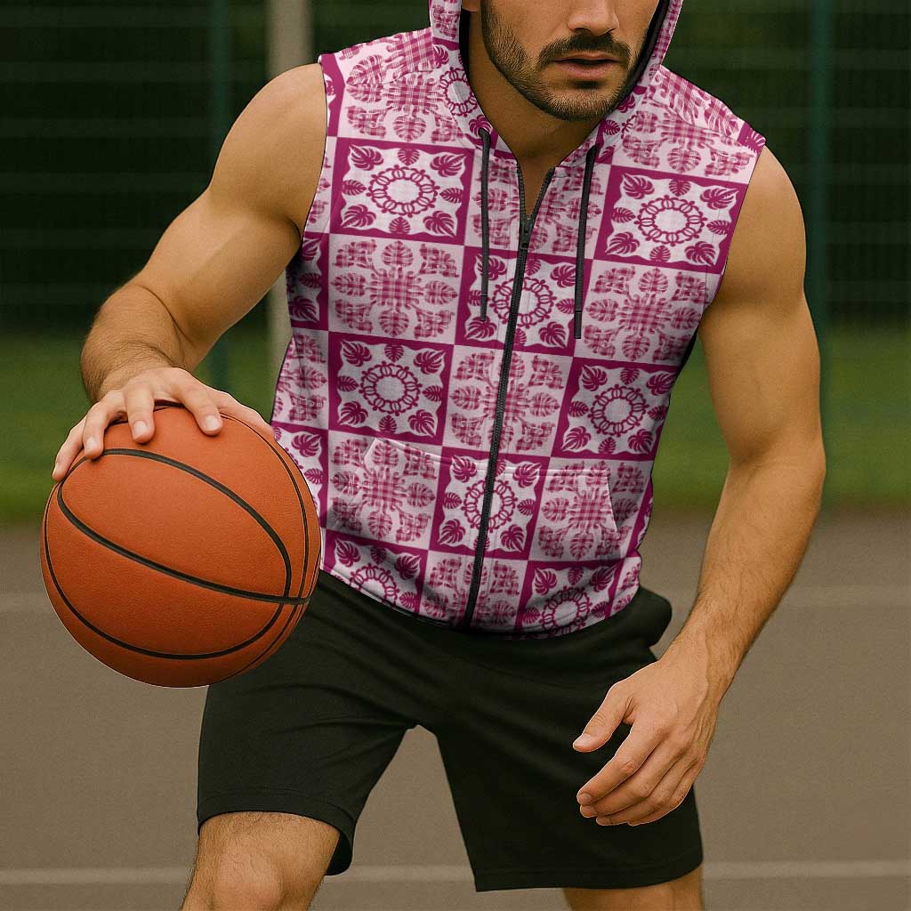 Akala Palaka Quilt Hawaii Sleeveless Zip Hoodie Hawaiian Tropical Monstera Sea Turtle