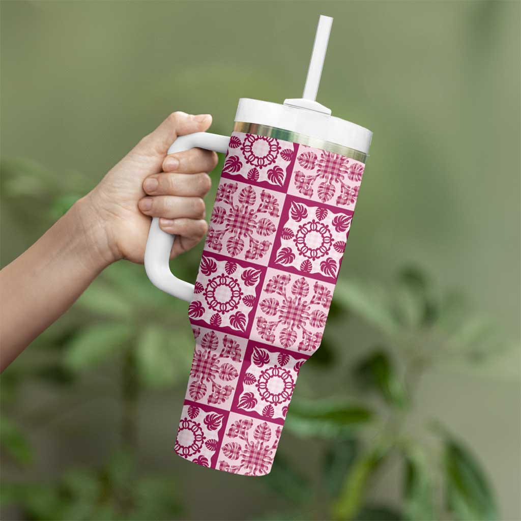 Akala Palaka Quilt Hawaii Tumbler With Handle Hawaiian Tropical Monstera Sea Turtle