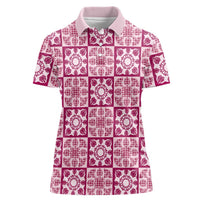 Akala Palaka Quilt Hawaii Women Polo Shirt Hawaiian Tropical Monstera Sea Turtle LT14 Female Pink - Polynesian Pride