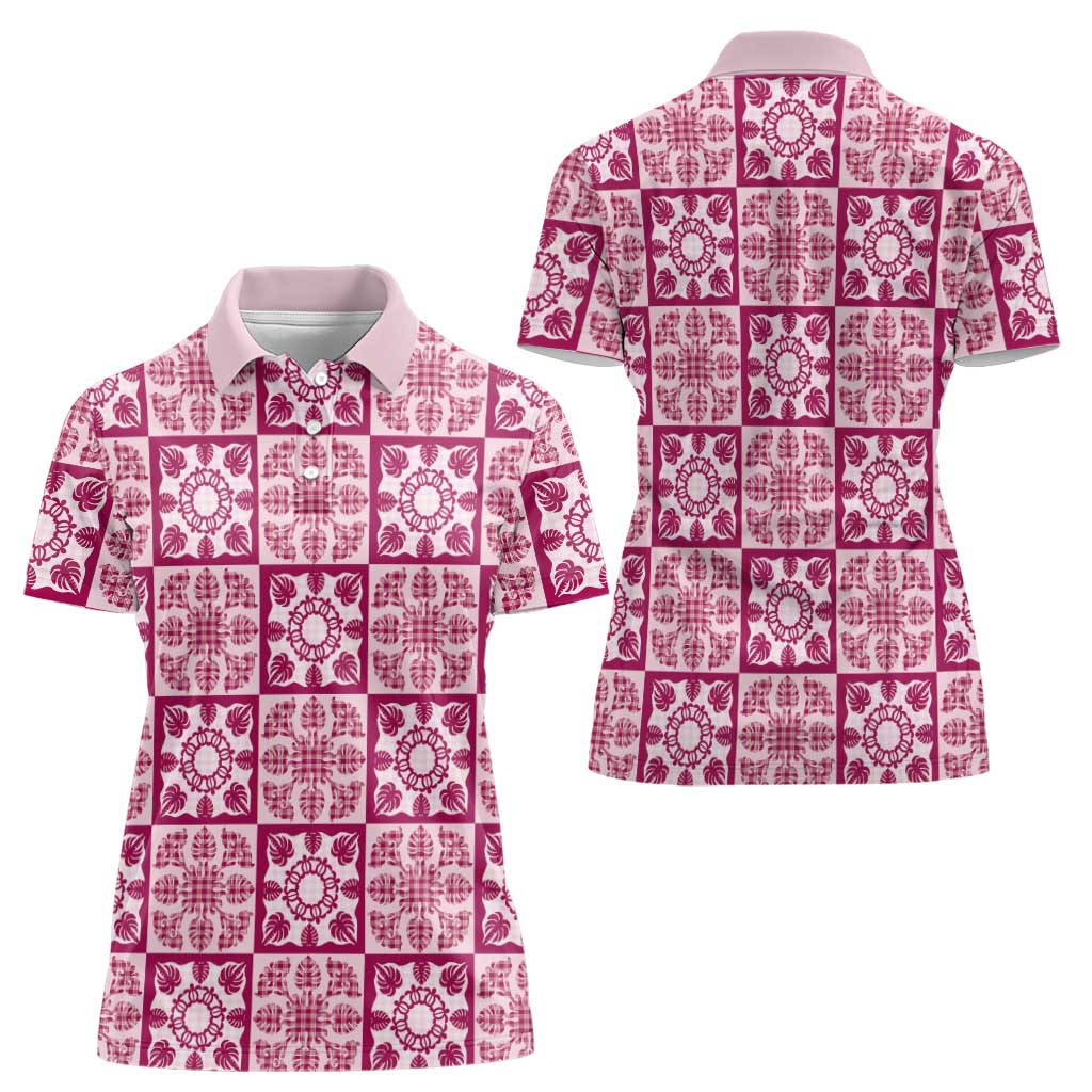 Akala Palaka Quilt Hawaii Women Polo Shirt Hawaiian Tropical Monstera Sea Turtle LT14 - Polynesian Pride