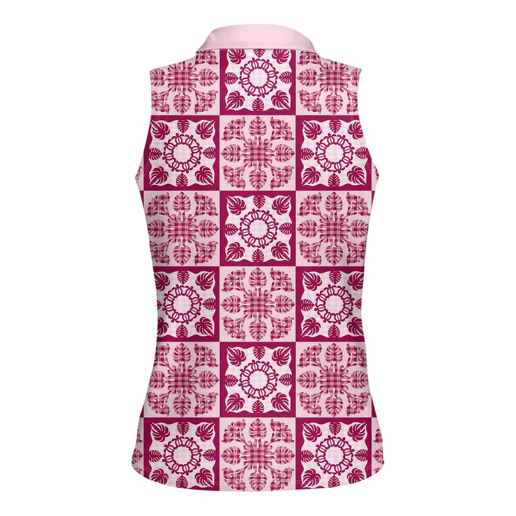 Akala Palaka Quilt Hawaii Women Sleeveless Polo Shirt Hawaiian Tropical Monstera Sea Turtle LT14 - Polynesian Pride