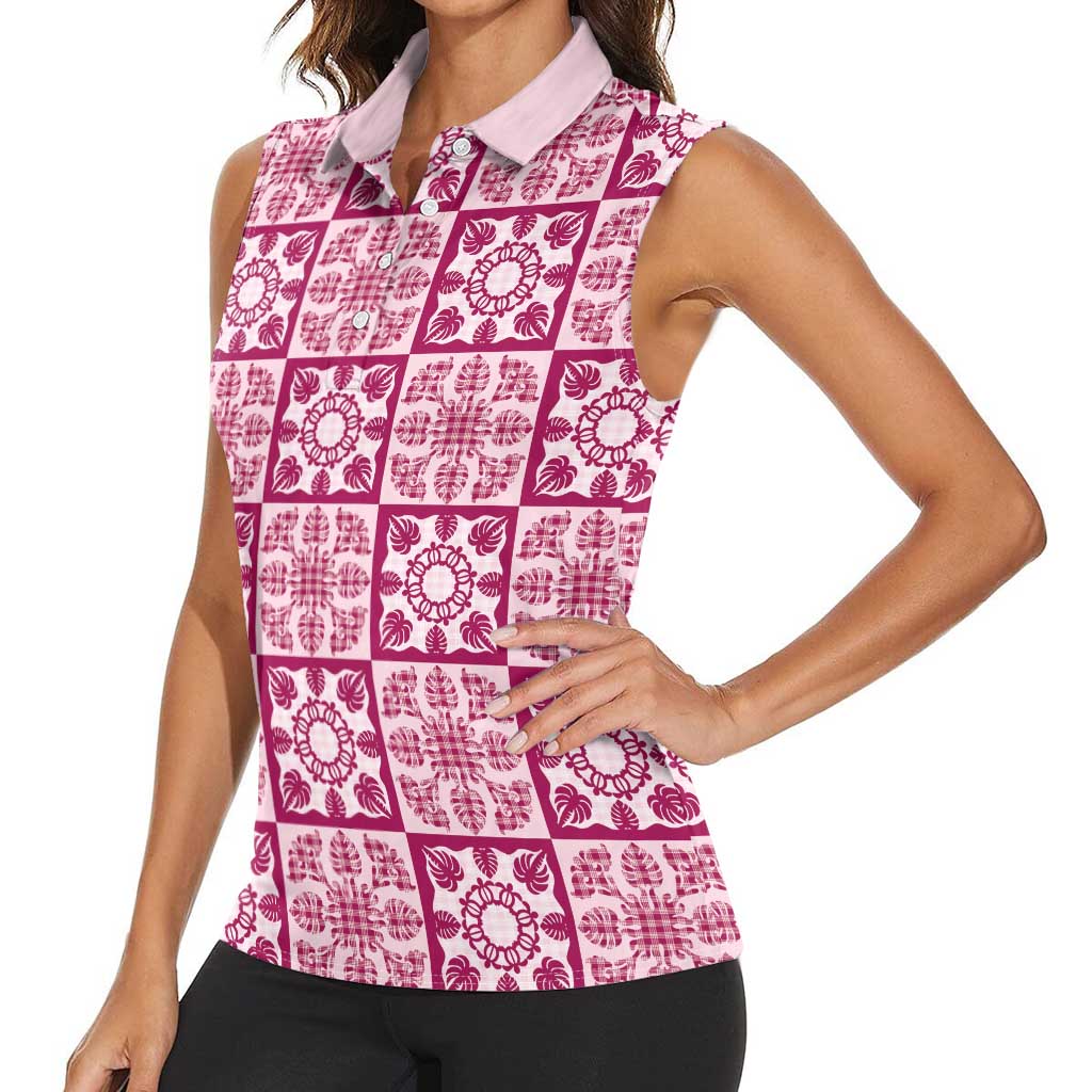 Akala Palaka Quilt Hawaii Women Sleeveless Polo Shirt Hawaiian Tropical Monstera Sea Turtle LT14 - Polynesian Pride