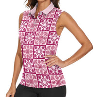 Akala Palaka Quilt Hawaii Women Sleeveless Polo Shirt Hawaiian Tropical Monstera Sea Turtle LT14 - Polynesian Pride
