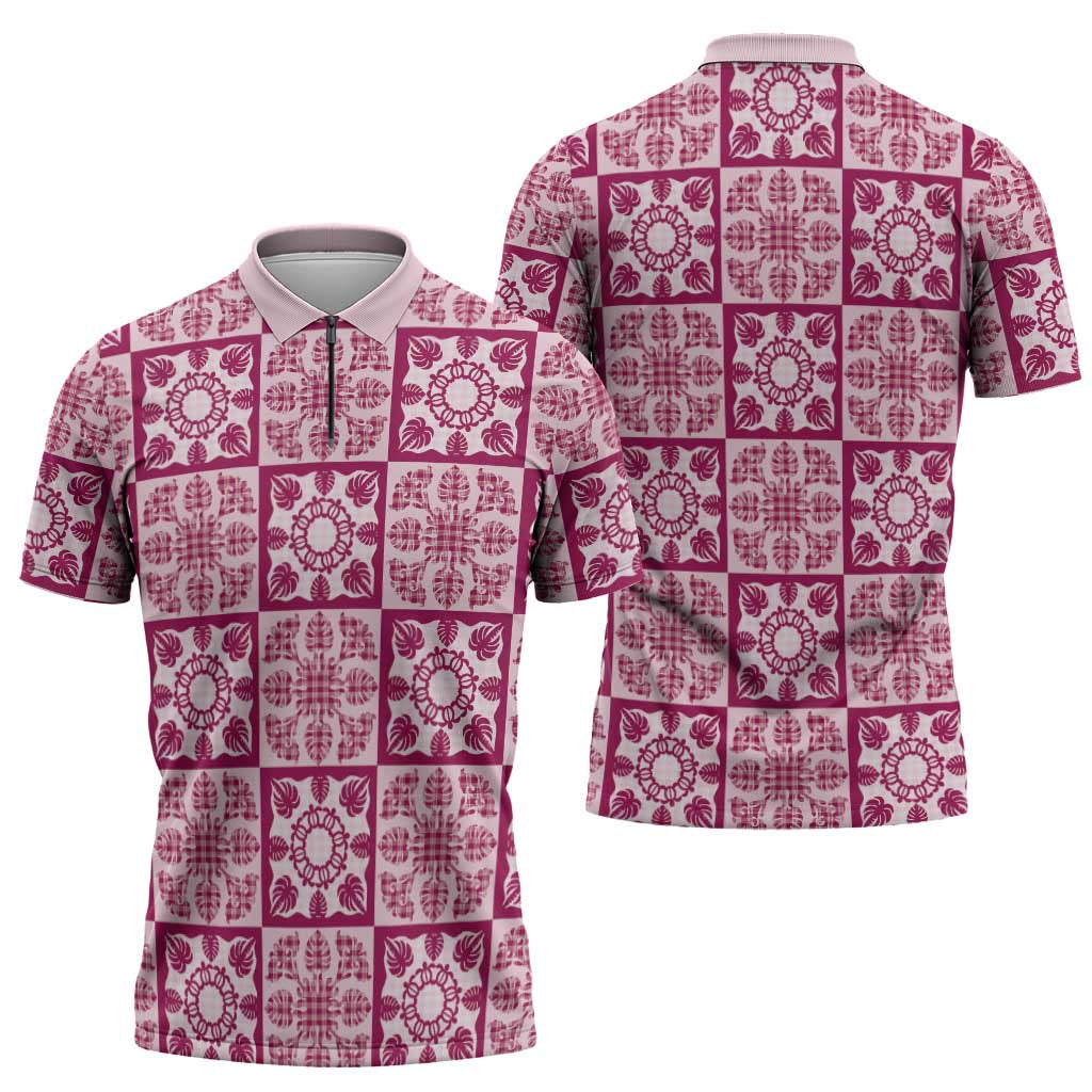 Akala Palaka Quilt Hawaii Zipper Polo Shirt Hawaiian Tropical Monstera Sea Turtle