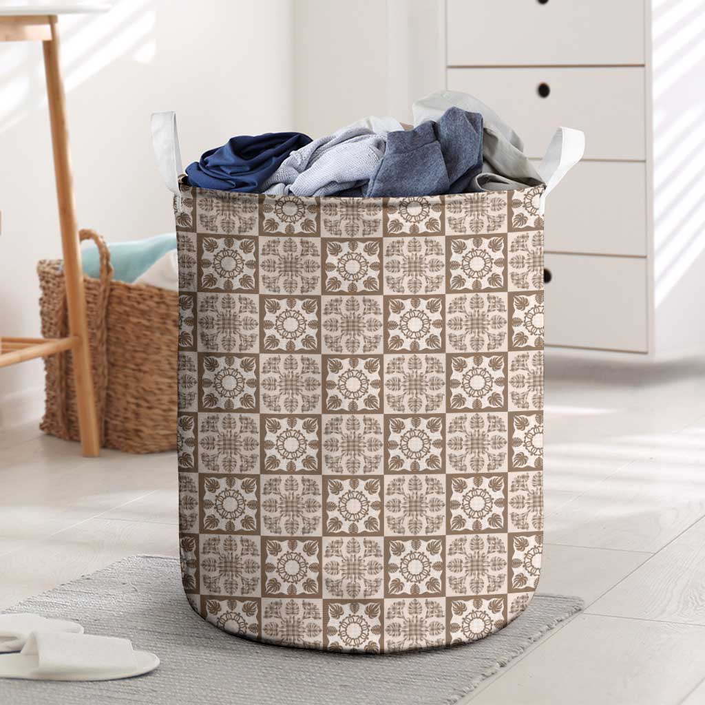 Beige Palaka Quilt Hawaii Laundry Basket Hawaiian Tropical Monstera Sea Turtle
