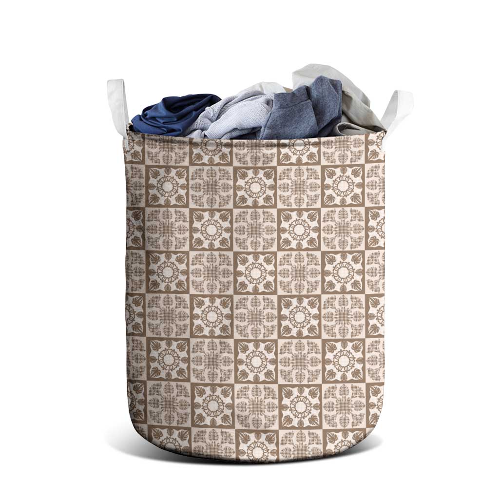 Beige Palaka Quilt Hawaii Laundry Basket Hawaiian Tropical Monstera Sea Turtle