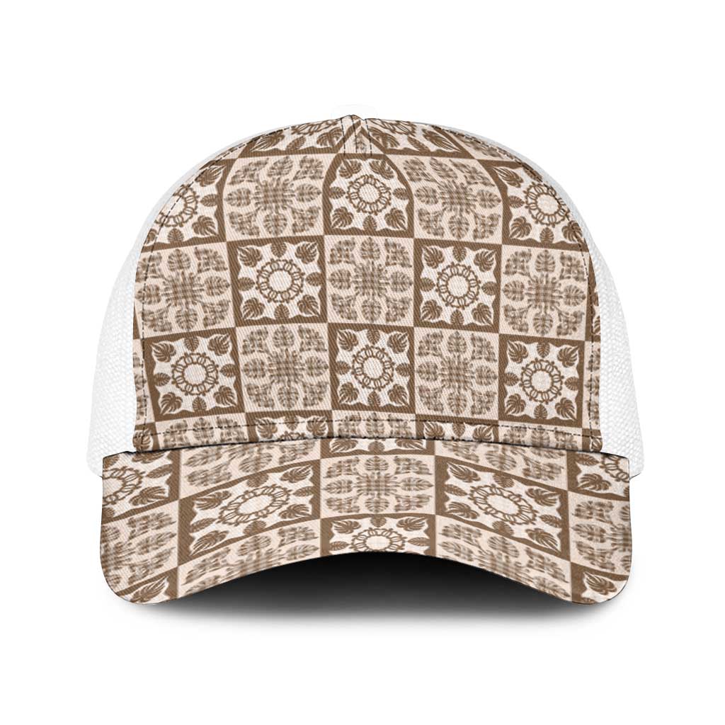 Beige Palaka Quilt Hawaii Baseball Net Cap Hawaiian Tropical Monstera Sea Turtle