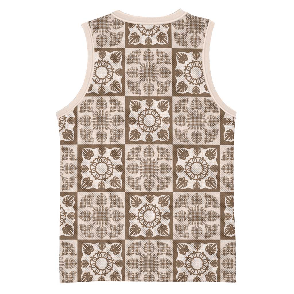 Beige Palaka Quilt Hawaii Basketball Jersey Hawaiian Tropical Monstera Sea Turtle