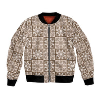 Beige Palaka Quilt Hawaii Bomber Jacket Hawaiian Tropical Monstera Sea Turtle