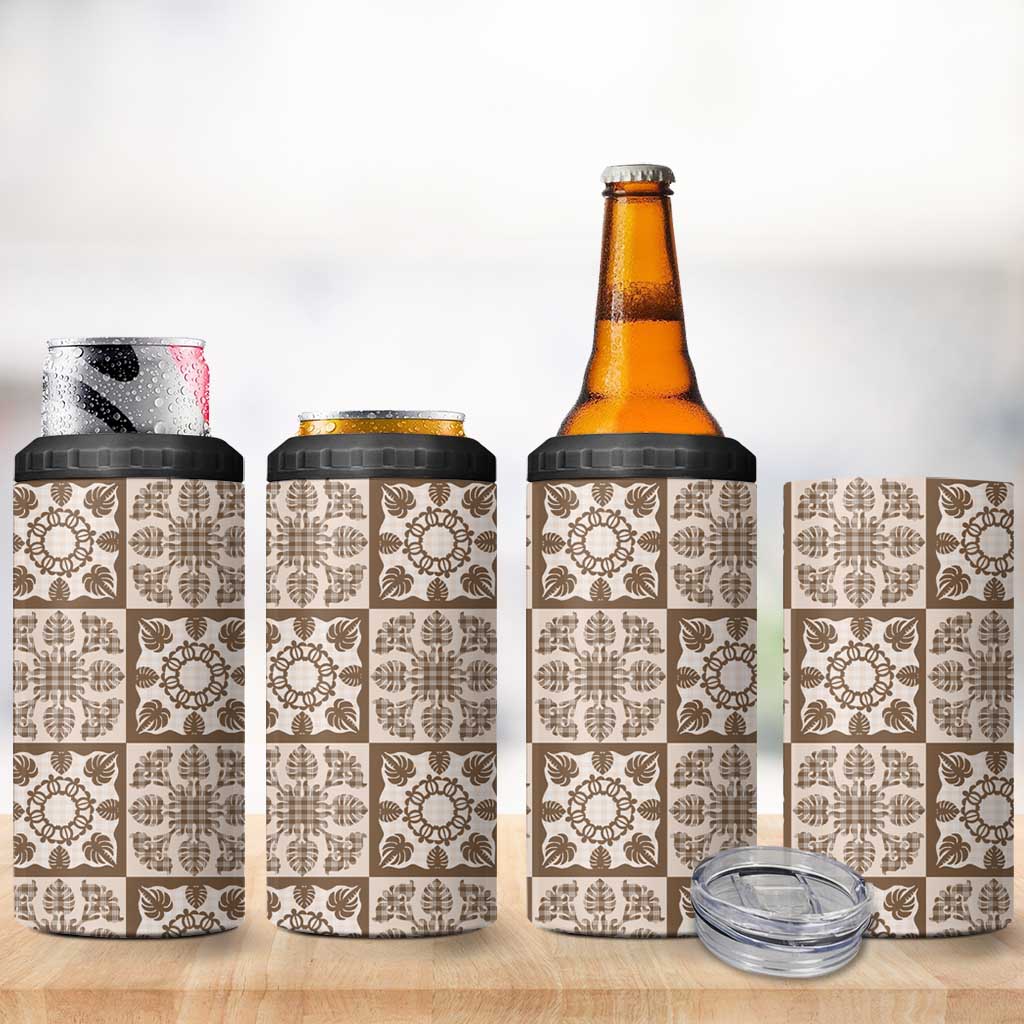 Beige Palaka Quilt Hawaii 4 in 1 Can Cooler Tumbler Hawaiian Tropical Monstera Sea Turtle LT14 - Polynesian Pride