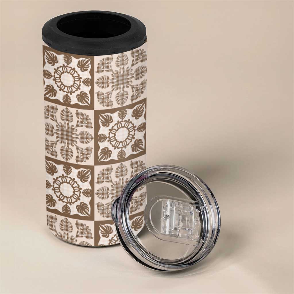 Beige Palaka Quilt Hawaii 4 in 1 Can Cooler Tumbler Hawaiian Tropical Monstera Sea Turtle LT14 - Polynesian Pride