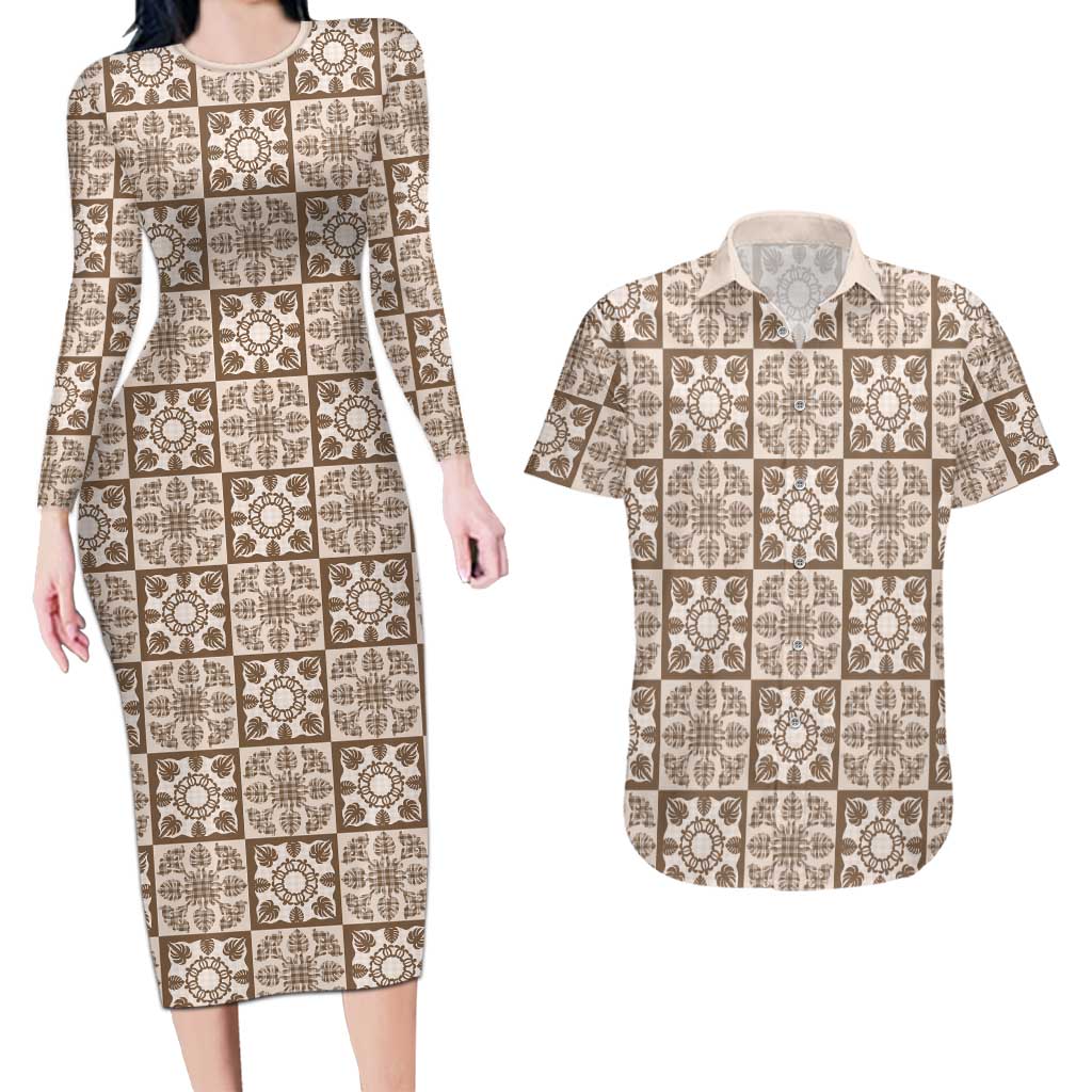 Beige Palaka Quilt Hawaii Couples Matching Long Sleeve Bodycon Dress and Hawaiian Shirt Hawaiian Tropical Monstera Sea Turtle LT14 Beige - Polynesian Pride