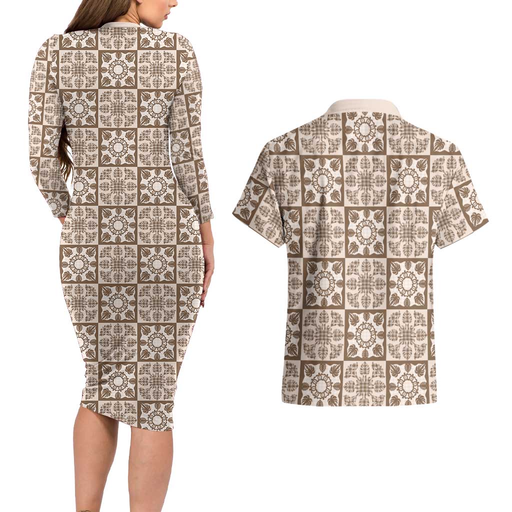 Beige Palaka Quilt Hawaii Couples Matching Long Sleeve Bodycon Dress and Hawaiian Shirt Hawaiian Tropical Monstera Sea Turtle LT14 - Polynesian Pride
