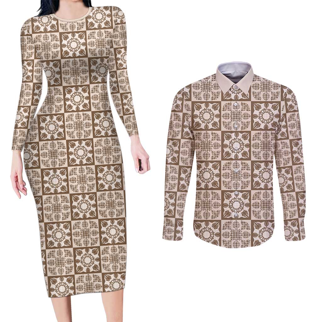 Beige Palaka Quilt Hawaii Couples Matching Long Sleeve Bodycon Dress and Long Sleeve Button Shirt Hawaiian Tropical Monstera Sea Turtle